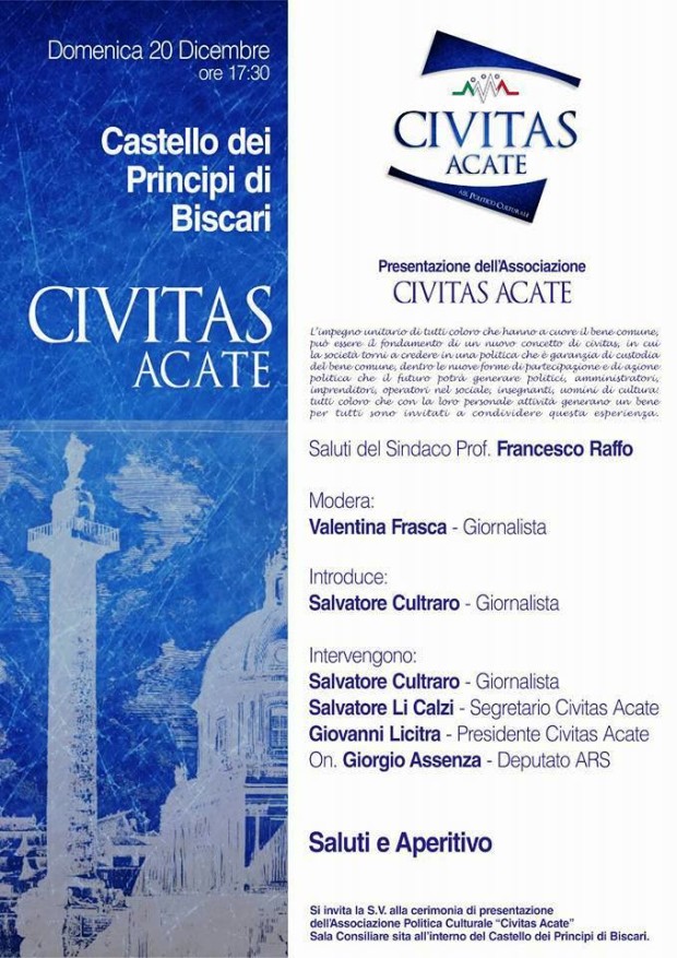 Acate. Nasce l’associazione politico culturale “Civitas Acate”. La presentazione ufficiale domenica 20 dicembre al Castello.